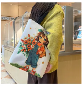 Lässige Canvas-Tragetasche mit süßem Anime-Mädchen-Blumen-Print großer Kapazität Damen