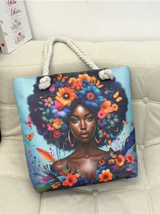 West African Style Large Canvas Tote Bag Artistic Portrait Printed Beach Bag Casual Shoulder Bag With Hemp Rope Handle For Women