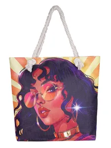 Stylische Canvas-Tragetasche mit lebendigem Retro-Cartoon-Frau-Design und Seilgriffen.