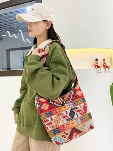 Vintage Embroidered Cotton Linen Saddle Bag Ethnic Geometric Totem Patchwork Shoulder Bag For Women Bohemian Casual Crossbody Bag
