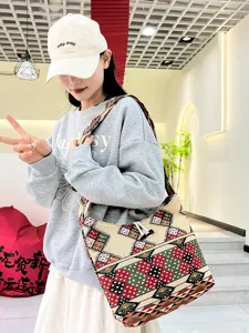 Ethnic embroidered canvas crossbody bag for women, vintage geometric casual shoulder bag.