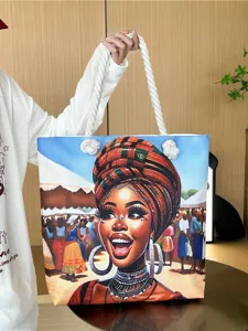 African art print canvas beach tote bag, large capacity fashion rope shoulder bag for women