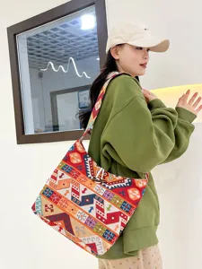 Ethnic style canvas shoulder bag for women, casual colorful geometric pattern large tote handbag.