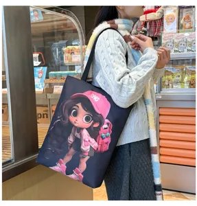 Stylish black canvas tote bag with cute anime girl print, large capacity casual shoulder bag.