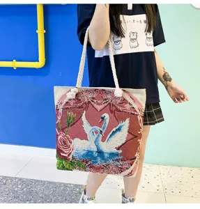 Sac cabas en toile jacquard avec motif de cygne, sac bandoulière décontracté en coton.