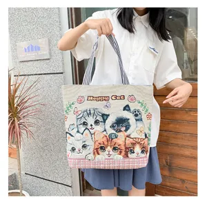 Cute cat print canvas tote bag, large capacity casual shoulder bag for women daily shopping.