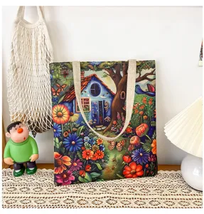 Leinwand Tragetasche mit buntem Maerchen Blumen Druck, laessige Schulter Einkaufs Tasche
