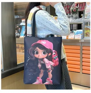 Large capacity canvas tote bag with cute cartoon girl print, perfect daily student shoulder bag.