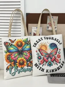 Borsa tote in tela con stampa colorata di farfalle e girasoli, grande borsa a spalla.