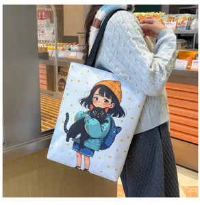 Borsa shopper in tela stile coreano con stampa di gatto carino grande capacita casual spalla