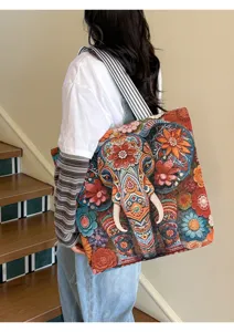 Sac bandoulière toile motif éléphant ethnique, grand cabas décontracté pour femmes usage quotidien.