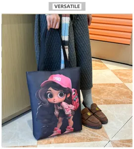 Versatile canvas tote bag with cute cartoon girl print, large capacity shoulder bag for daily use.