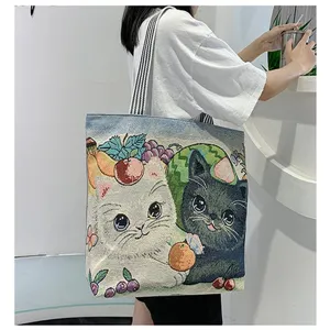 Gewebte Canvas-Umhängetasche mit süßem Katzen- und Frucht-Muster, Freizeit-Shopper.