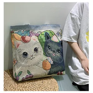 Gewebte Leinwand Umhängetasche süße Katze Obst Tapisserie Tote lässige Handtasche Damen