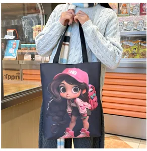 Canvas shoulder bag with cute cartoon girl print, large capacity casual tote for students.