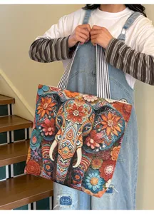 Sac cabas en toile style ethnique motif éléphant, sac à épaule vintage décontracté.