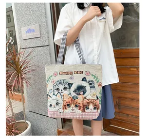 Korean fashion canvas shoulder bag, cute cat print tote bag, large casual daily handbag.