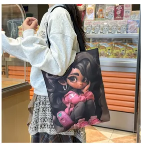 Large capacity canvas tote shoulder bag with stylish black girl 3D art print for daily use