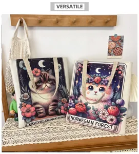 Leinen Tragetasche mit süßem Katzenmuster Schultertasche Einkaufstasche lässig Mode