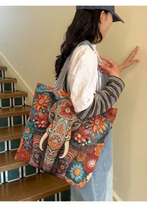 Sac cabas tissé à motif éléphant ethnique, sac bandoulière décontracté pour femme.