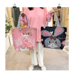 Borsa tote in tela lavorata a maglia con animali, grande capacità borsa a tracolla casual.