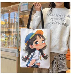 Koreanischer Cartoon Canvas Shopper Tasche, große Kapazität Schultertasche für den Alltag.