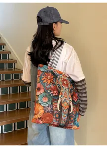 Sac cabas bandoulière en toile style ethnique Asie du Sud-Est motif éléphant sac shopping