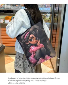 Canvas shoulder tote bag with stylish cartoon girl graphic print, large capacity daily use.