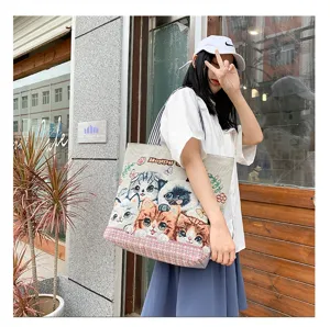 Korean style canvas tote bag for women, cute cat print casual shoulder bag, large shopping bag.