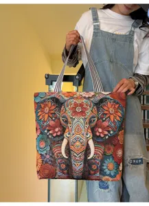 Sac cabas en toile style ethnique avec motif éléphant coloré, grand sac à épaule pour femme.