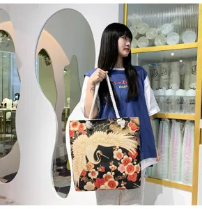 Sac cabas en toile brodé grue style chinois sac d'épaule fourre-tout décontracté pour femme