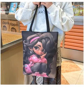Detailed view of large canvas tote bag with 3D cartoon character print, casual shoulder bag.