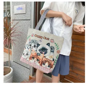 Korean style fashion canvas shoulder bag for women, cute cat pattern tote shopping bag large capacity
