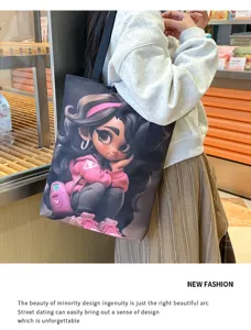 Canvas tote bag for women, cute cartoon girl print shoulder bag, large capacity casual shopping bag
