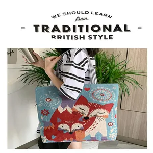 Ethno Stil Leinen Canvas Shopper Tasche lässige Schultertasche mit Fuchsprint Detail