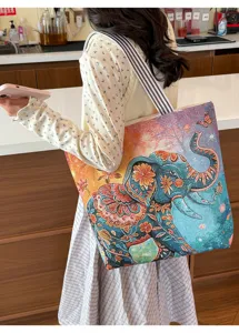 Sac cabas en toile avec imprimé éléphant style ethnique, sac bandoulière décontracté pour femme.