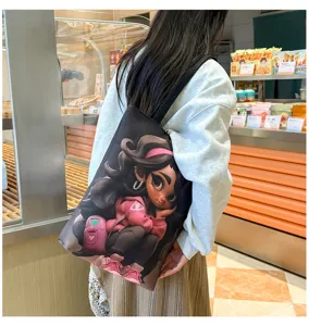 Canvas tote bag with cute cartoon girl graphic, casual single shoulder shopper bag for students.