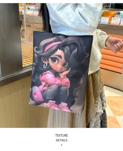 Stylish canvas tote bag with cute cartoon girl graphic, large capacity casual shoulder bag.