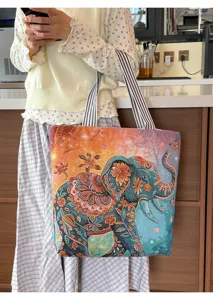 Sac cabas en toile style ethnique avec motif éléphant, sac bandoulière décontracté.
