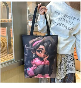 Canvas tote bag large capacity shoulder bag cute cartoon girl graphic casual shopping bag