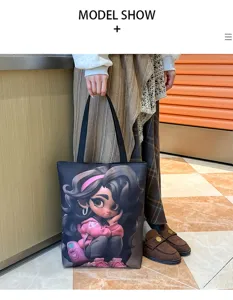 Large capacity canvas shoulder bag featuring a cute 3D cartoon girl print for daily use.