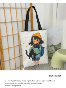 Detailansicht der Canvas-Tragetasche mit süßem Anime-Mädchen- und Katzenmotiv, lässig.