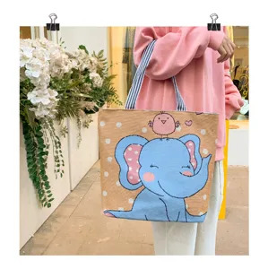 Borsa shopper in tela con simpatico elefante, borsa a spalla casual di grande capacità per donne.