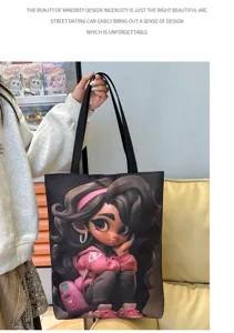 Stylish black canvas shoulder bag with unique cartoon girl print large capacity shopper