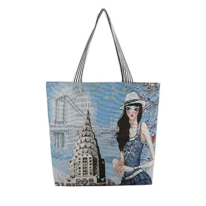 Damen Segeltuch Tasche Vintage Stadt Print Umhaengetasche beilaeufige grosse Handtasche.