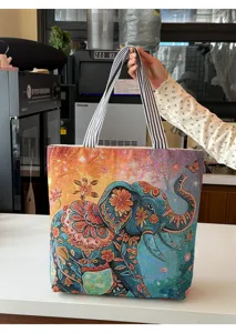 Sac cabas en toile à imprimé éléphant ethnique, sac shopping élégant pour femmes.