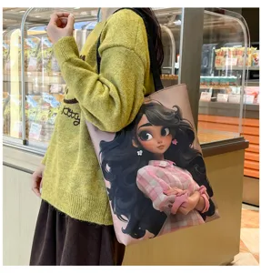 Large capacity canvas tote bag featuring cartoon girl print, ideal for daily use.
