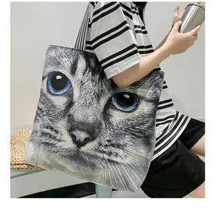 Lässige Leinen-Umhängetasche mit realistischem Katzen-Gesichtsdruck, ideal für den Alltag und Freizeit.