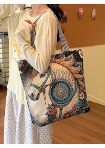 Sac cabas en toile tissée style ethnique motif cheval vintage grand sac à épaule tendance