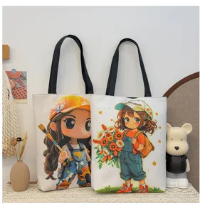 Niedliche Cartoon Canvas Tragetasche für Damen, große Kapazität lässige Studententasche.